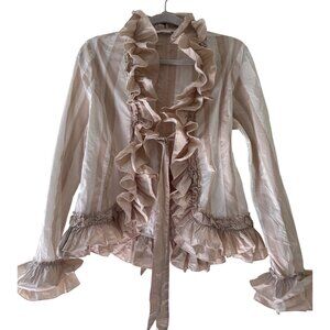 Sao Paulo Beige Striped Ruffle Cardigan With Tie Waist Tie Back Victorian Style